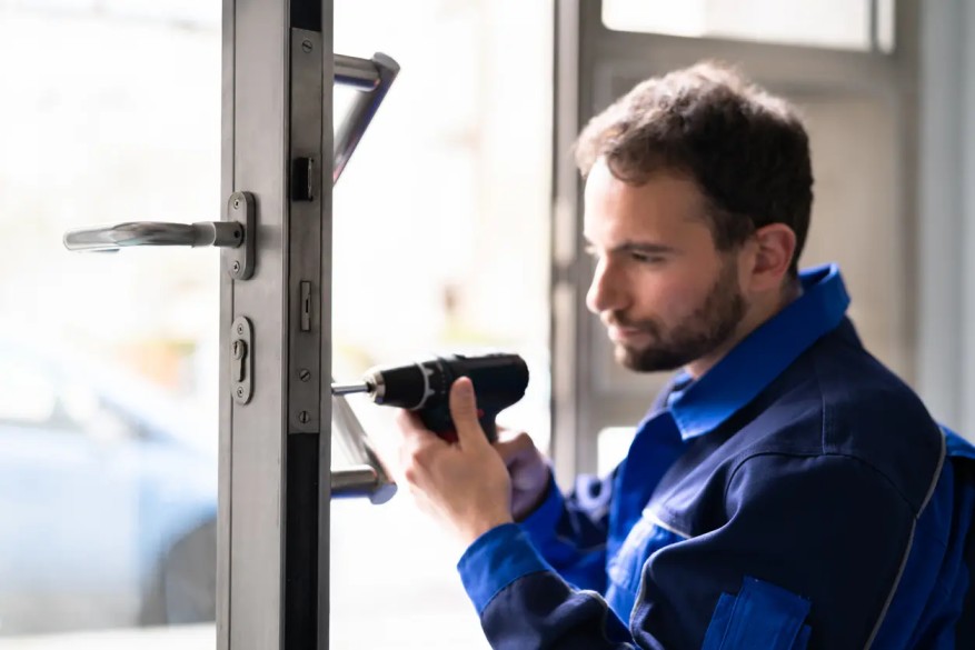 Technician fixing commercial door dragging in Glenwood Springs storefront