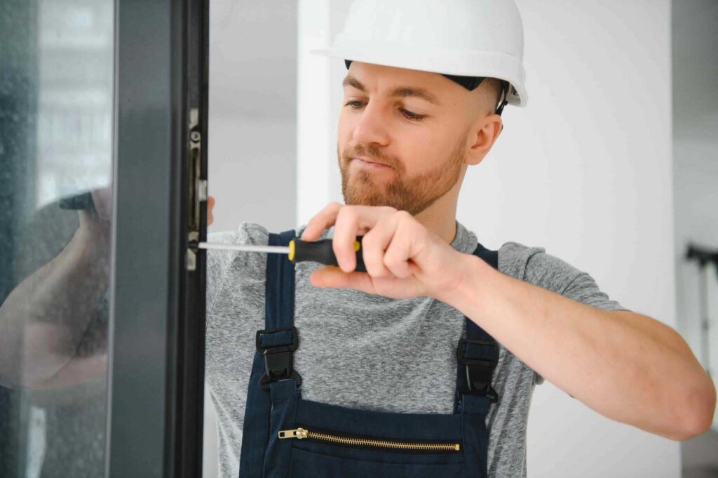 Technician repairing commercial door in Glenwood Springs business