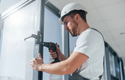 Technician installing aluminum commercial doors in Grand Junction