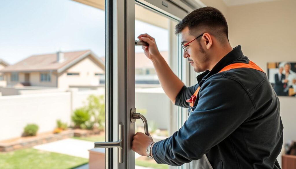 Technician repairing a residential door in Glenwood Springs, Colorado