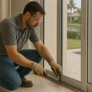 Technician performing door fixing in a Rifle property
