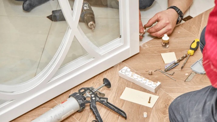 Technician performing door maintenance on a residential door in Glenwood Springs