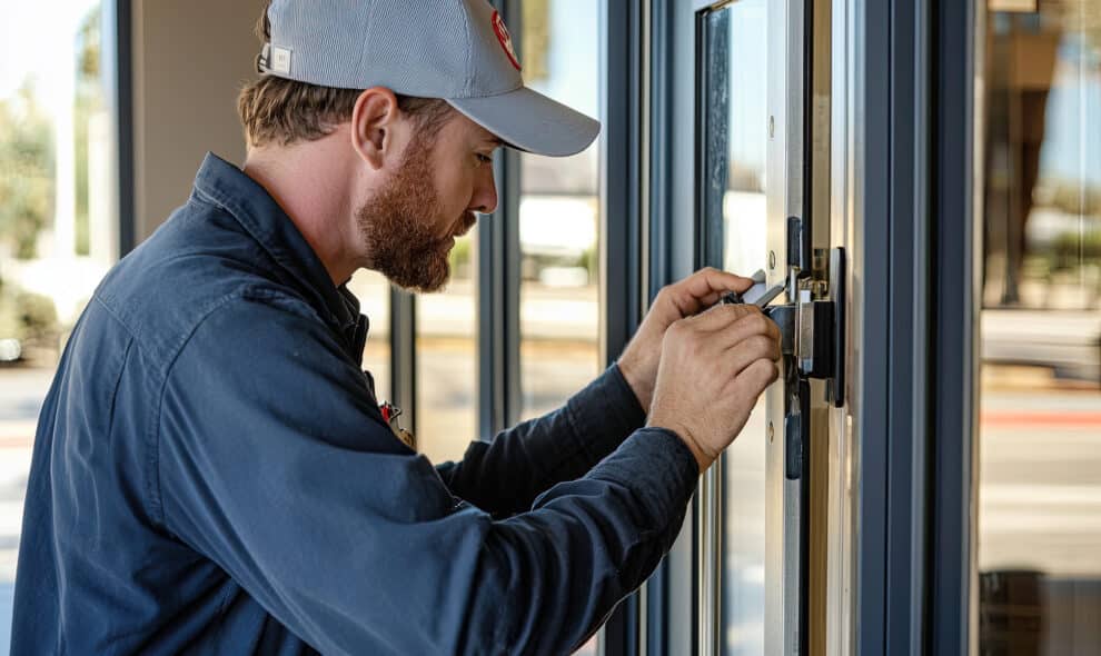 Technician repairing a commercial door in Grand Junction