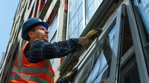 Technician repairing storefront glass for a business in Grand Junction