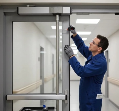 Technician repairing a commercial door closer in Grand Junction