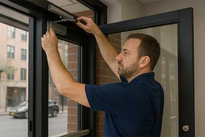 Technician adjusting ADA-compliant commercial door in Grand Junction