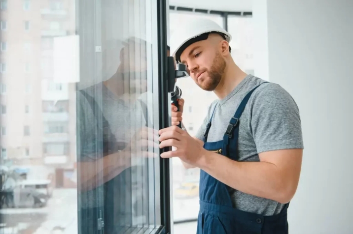 Technician performing emergency storefront glass repair in Grand Junction